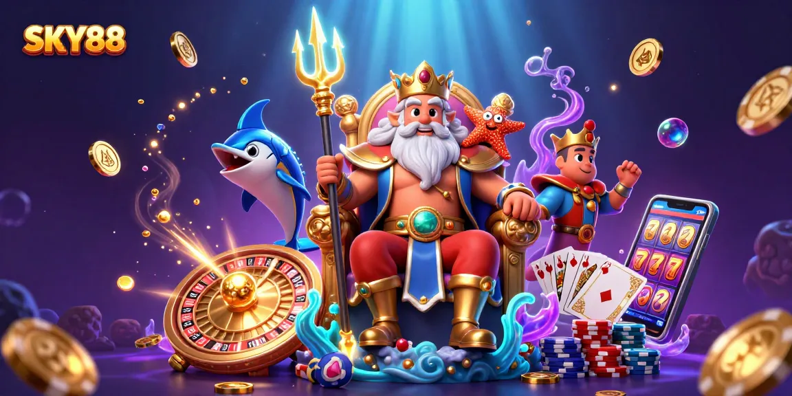 Engage in exciting gaming at SKY88 with illustrated sea king and vibrant casino elements.