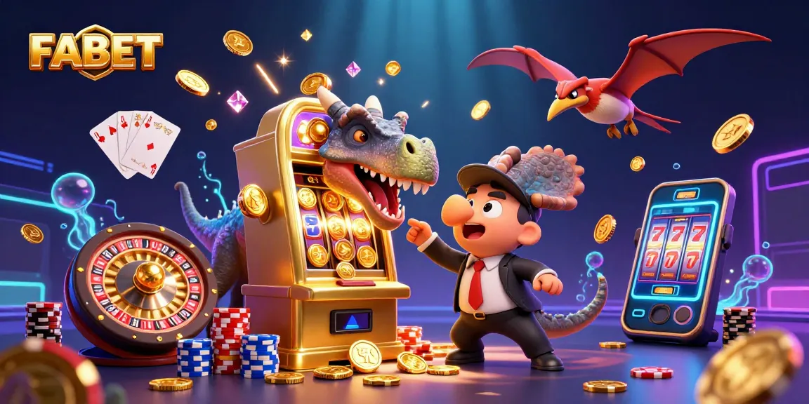 FABET figures jubilantly celebrate jackpot wins with a vibrant 3D casino illustration.
