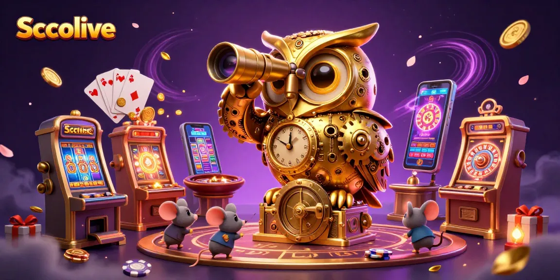 Socolive showcases a lively casino scene with a clockwork owl and whimsical mouse patrons amid gold coins and games.