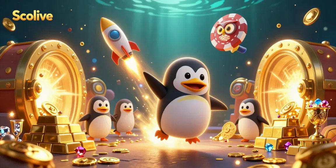 Socolive delivers thrilling casino experiences with golden coins and a dynamic penguin in a rich 3D illustration.