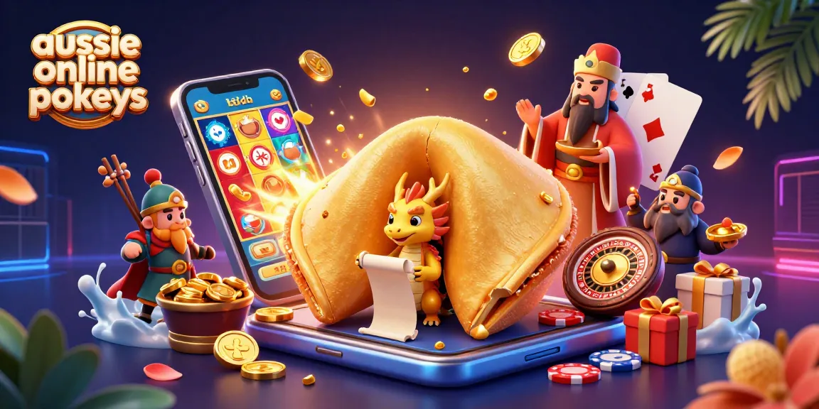 Aussie online pokies fortune cookie scene with a dragon, golden coins, and vibrant slot games.