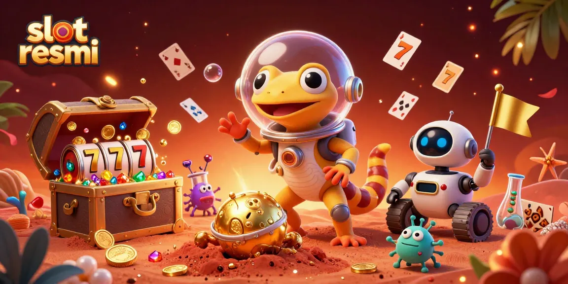 Experience vibrant slot resmi gameplay in this colorful casino illustration with a Martian gecko and exciting elements.