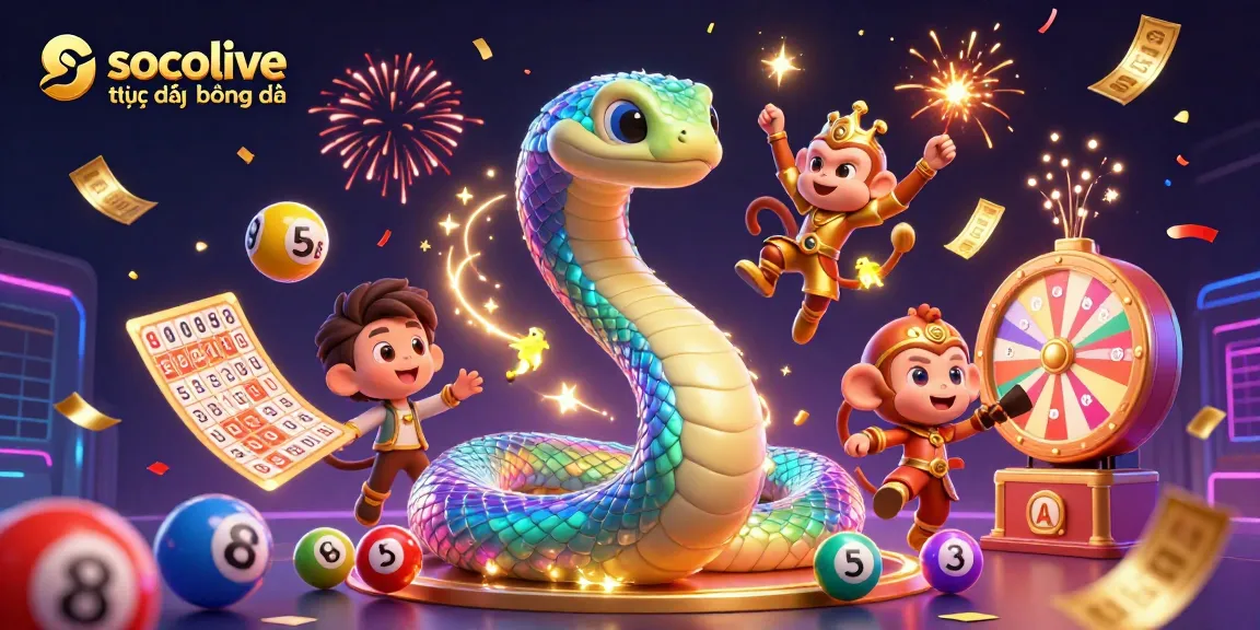 socolive trực tiếp bóng đá showcases a vibrant illustration with a rainbow serpent, golden monkey king, and dynamic gambling elements.