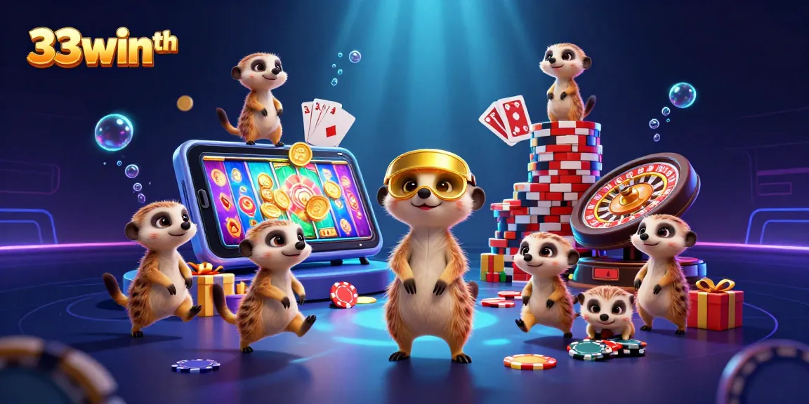 Experience 33winth's thrilling casino action with meerkats at play amidst colorful slots.