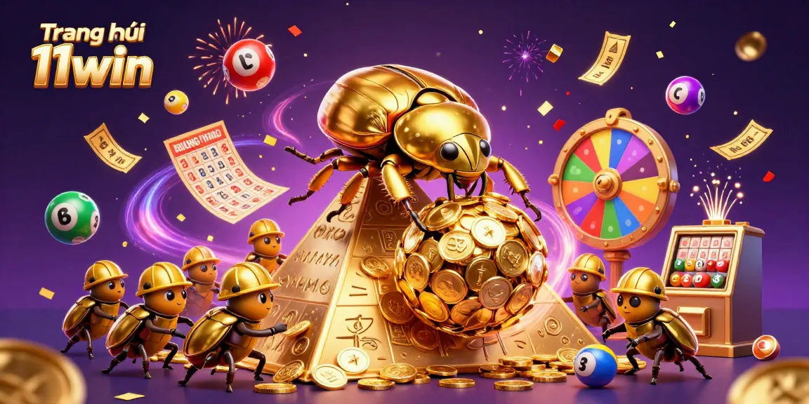 Win big at Trang chủ 11win with colorful lottery balls and golden ticket confetti in a vibrant 3D casino scene.