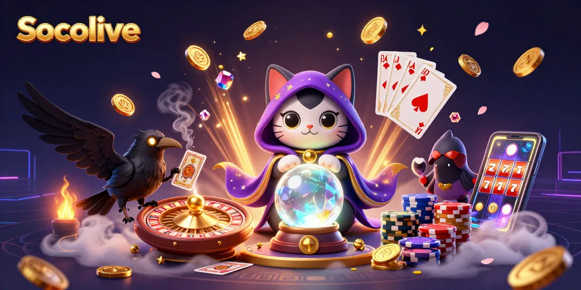 Socolive offers an immersive gambling experience with a vibrant 3D illustration, showcasing fortune teller cat and raven